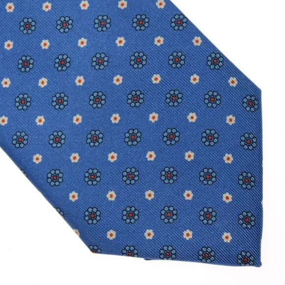 Drake's NWT Neck Tie in Blue with White & Orange Mini Floral Print 100% Silk